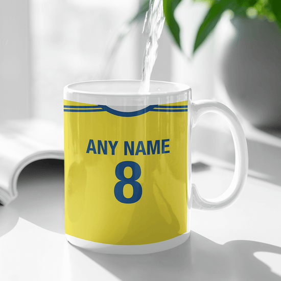 Sweden Retro Style Home Kit Shirt Inspired Colours for Personalised Football Mug with optional Coaster. Perfect item for the Blågult fan.