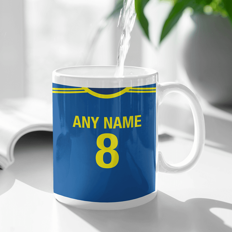 Bosnia & Herzegovina Retro Style Home Kit Shirt Inspired Colours for Personalised Football Mug with optional Coaster.