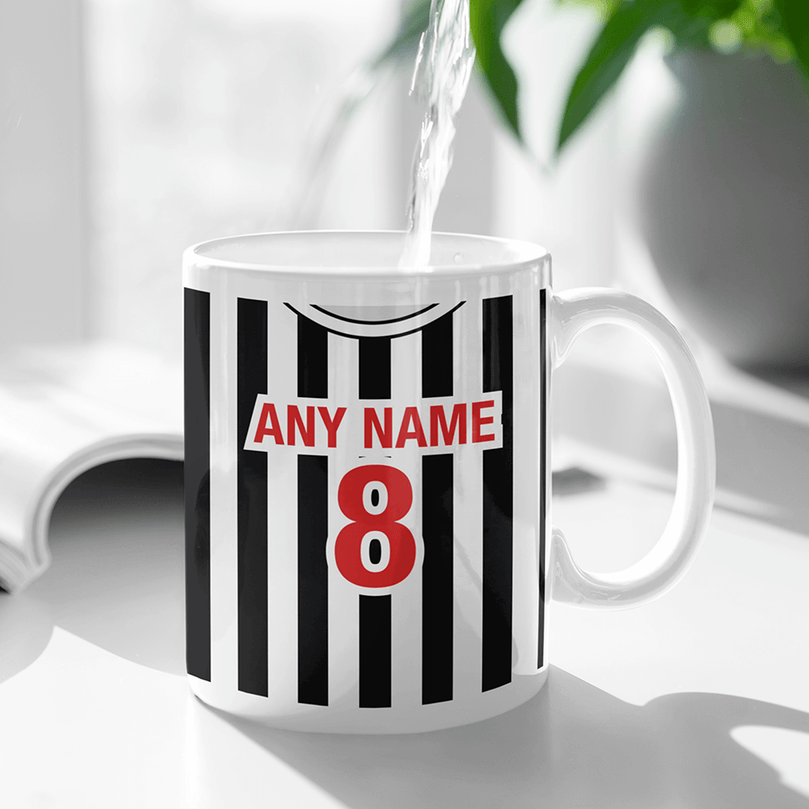 Newcastle Retro Style Home Kit Shirt Inspired Colours for Personalised Football Mug with optional Coaster.