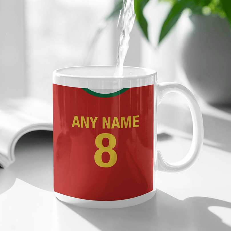 Portugal Retro Style Home Kit Shirt Inspired Colours for Personalised Football Mug with optional Coaster. Perfect item for the Selecção das Quinas fan.