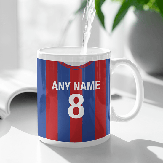 Crystal Palace Retro Style Home Kit Shirt Inspired Colours for Personalised Football Mug with optional Coaster.