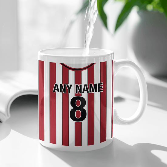 Southampton Retro Style Home Kit Shirt Inspired Colours for Personalised Football Mug with optional Coaster.