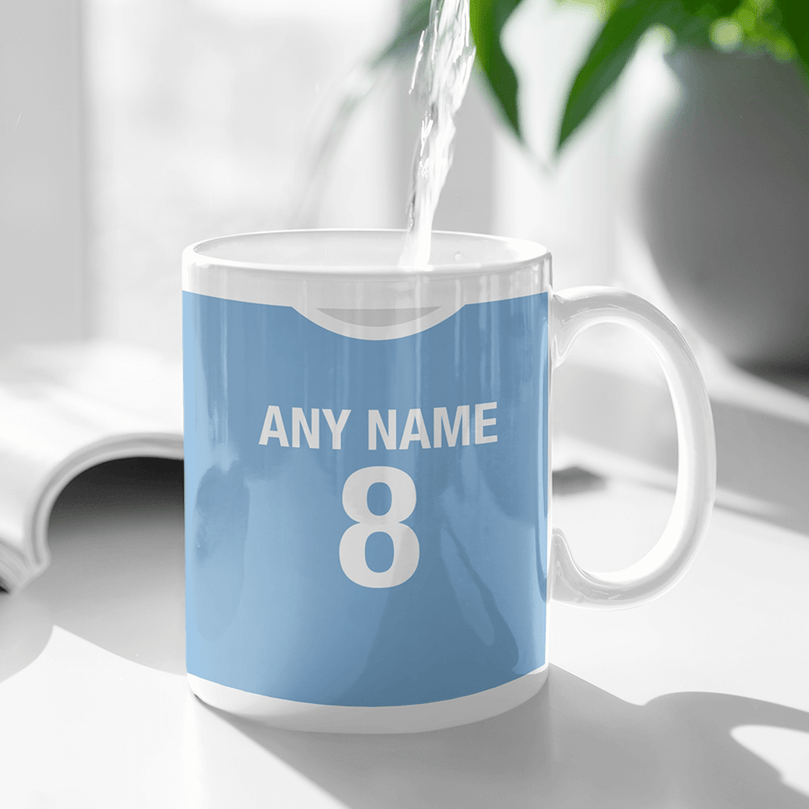 Manchester City Retro Style Home Kit Shirt Inspired Colours for Personalised Football Mug with optional Coaster.