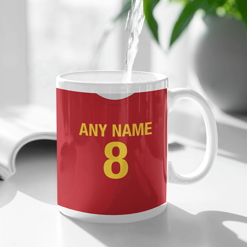 Spain Retro Style Home Kit Shirt Inspired Colours for Personalised Football Mug with optional Coaster. Perfect item for the La Roja fan.