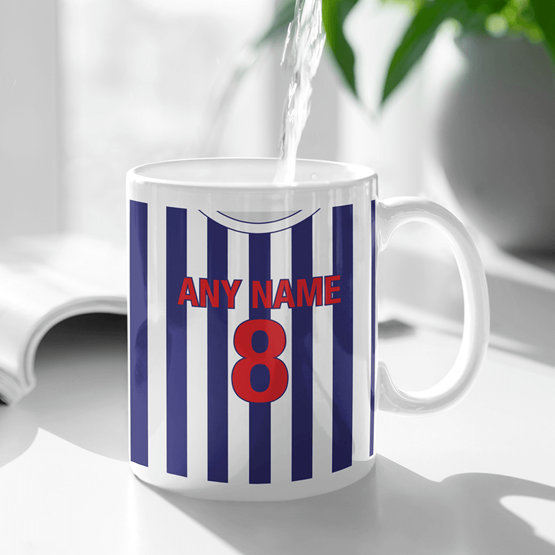 West Bromwich Albion Retro Style Home Kit Shirt Inspired Colours for Personalised Football Mug with optional Coaster.