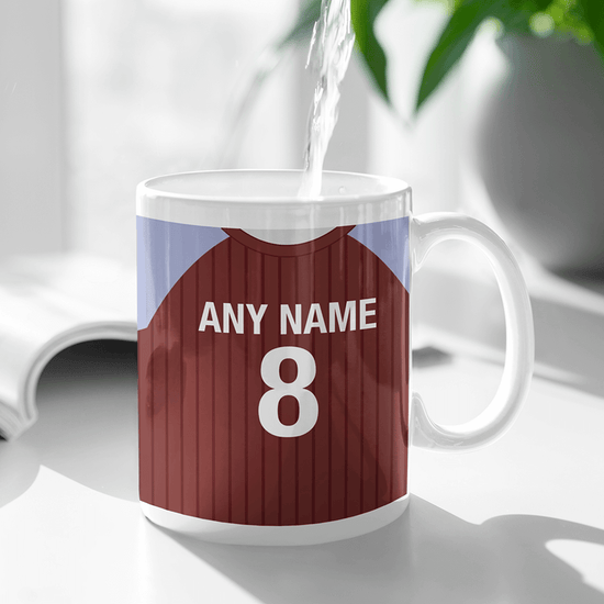 Aston Villa Retro Style Home Kit Shirt Inspired Colours for Personalised Football Mug with optional Coaster.