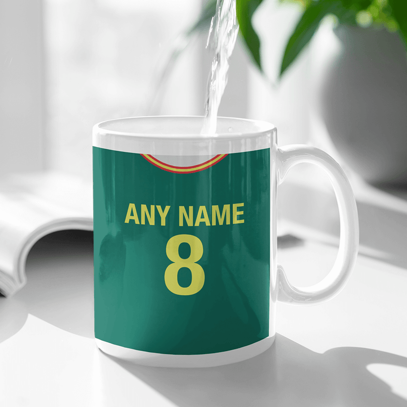 Senegal Retro Style Home Kit Shirt Inspired Colours for Personalised Football Mug with optional Coaster.