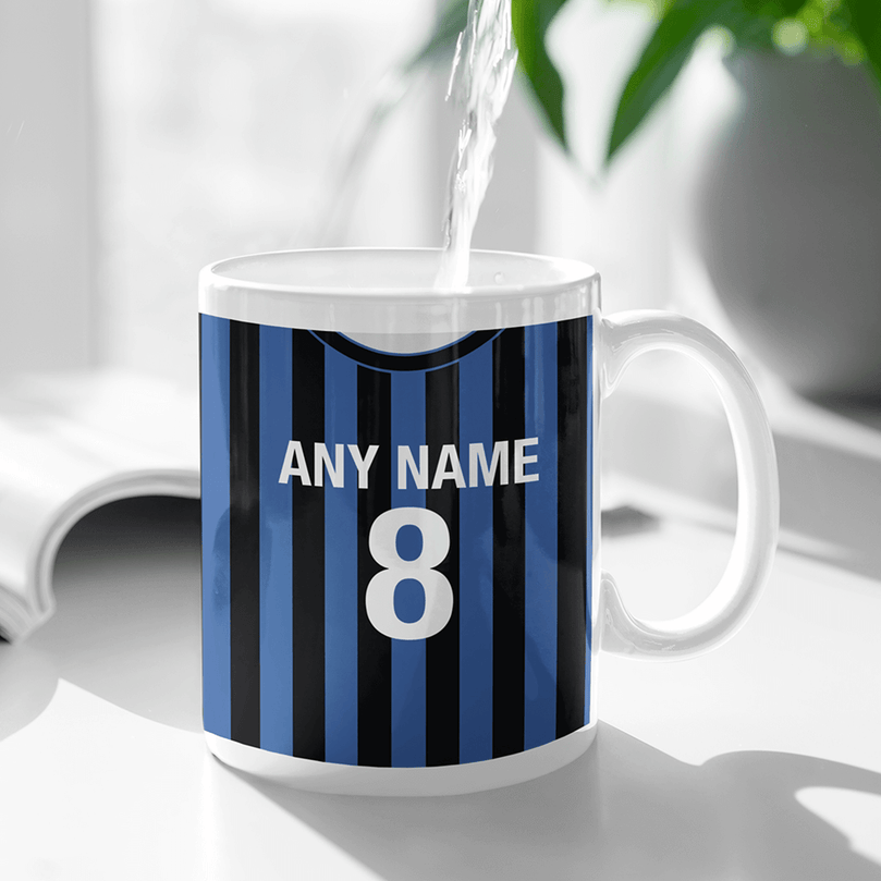 Inter Milan Retro Style Home Kit Shirt Inspired Colours for Personalised Football Mug with optional Coaster.