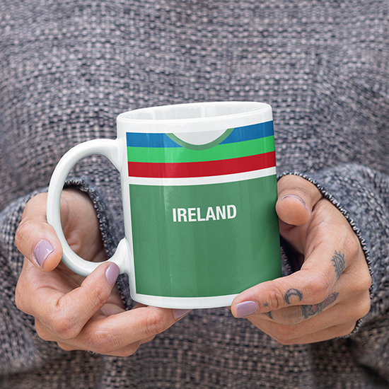 Ireland Retro Style Home Kit Shirt Inspired Colours for Personalised Football Mug with optional Coaster. Perfect item for the Men In Green fan.