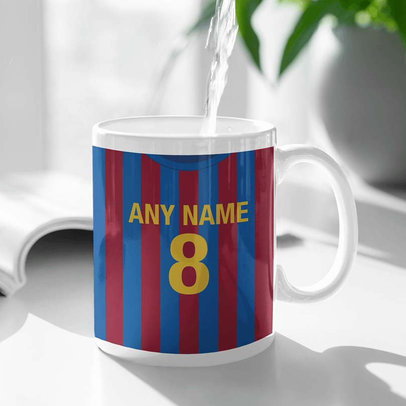 Barcelona Retro Style Home Kit Shirt Inspired Colours for Personalised Football Mug with optional Coaster.