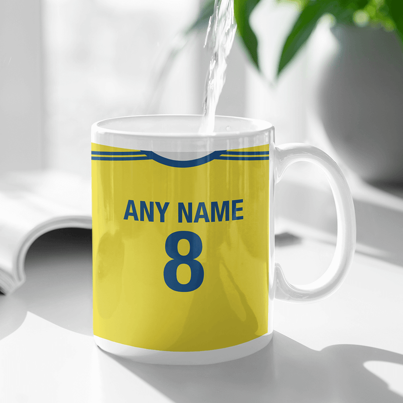 Sweden Retro Style Home Kit Shirt Inspired Colours for Personalised Football Mug with optional Coaster. Perfect item for the Blågult fan.