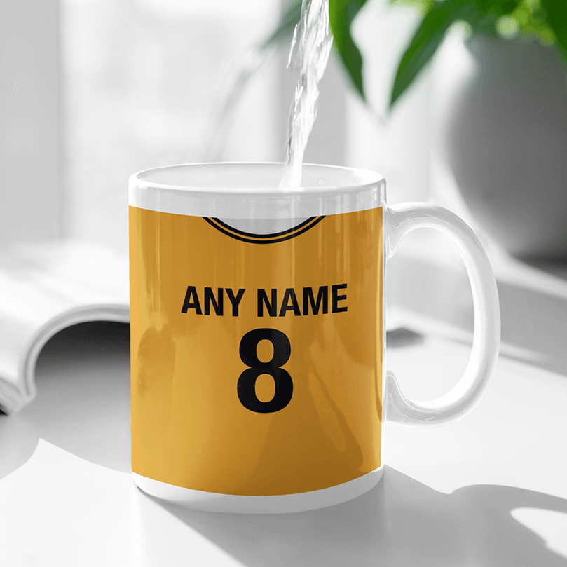 Wolverhampton Retro Style Home Kit Shirt Inspired Colours for Personalised Football Mug with optional Coaster.