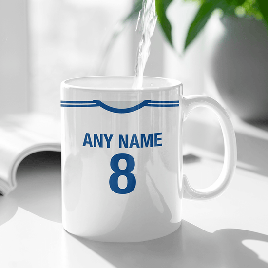 Finland Retro Style Home Kit Shirt Inspired Colours for Personalised Football Mug with optional Coaster. Perfect item for the Sinivalkoiset fan.