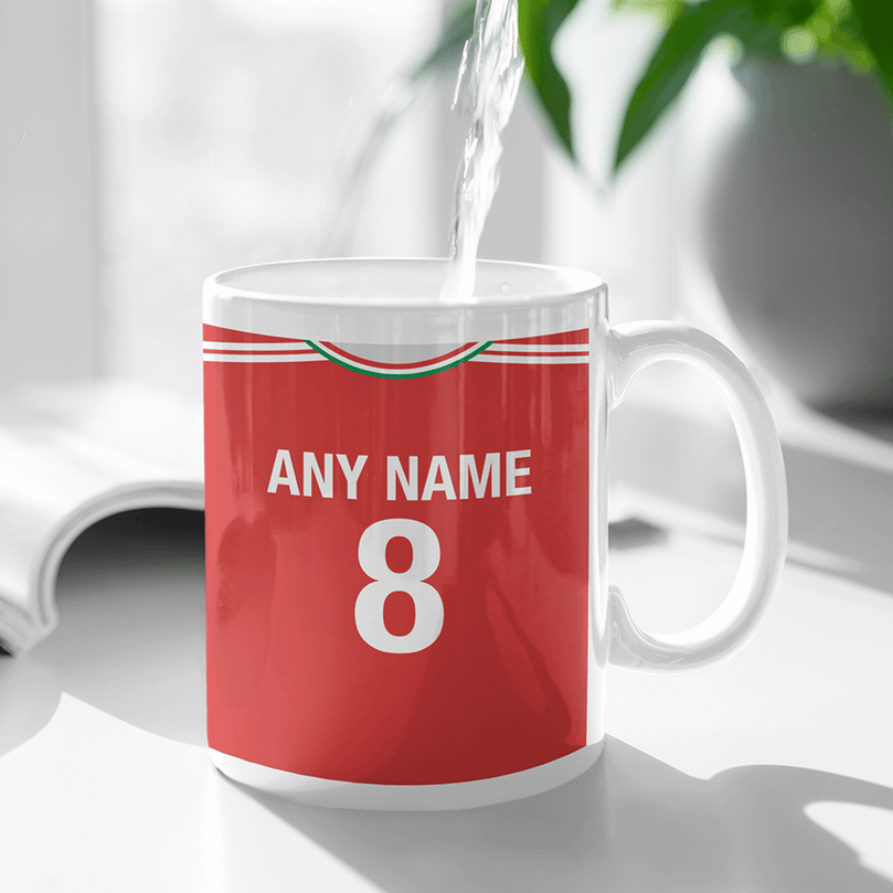 Hungary Retro Style Home Kit Shirt Inspired Colours for Personalised Football Mug with optional Coaster. Perfect item for the Valogatott fan.