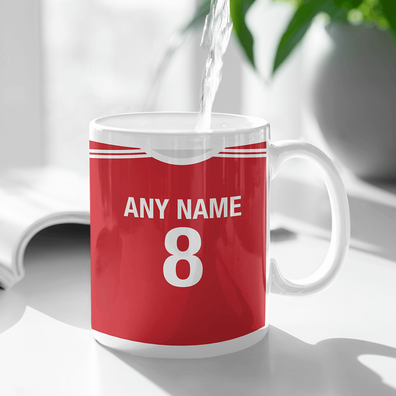 Bayern Munich Retro Style Home Kit Shirt Inspired Colours for Personalised Football Mug with optional Coaster.