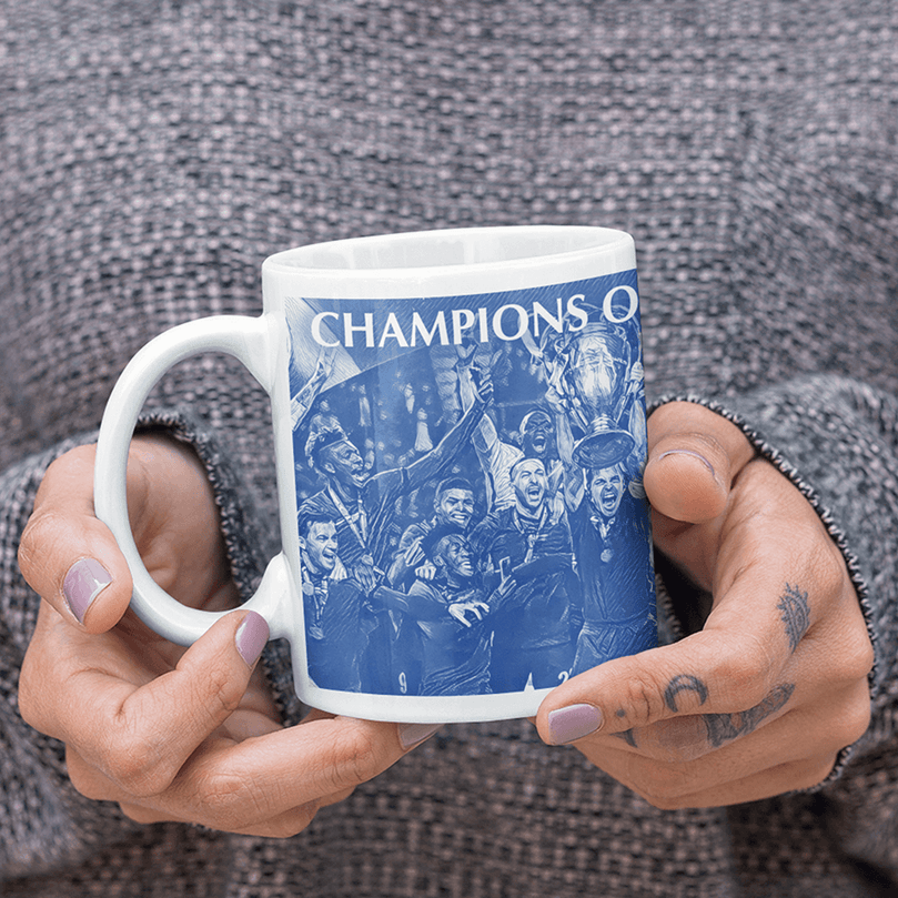 Chelsea 2020/2021 Champions of Europe Inspired Colours for Personalised Football Mug with optional Coaster. Perfect item for The Blues fan.