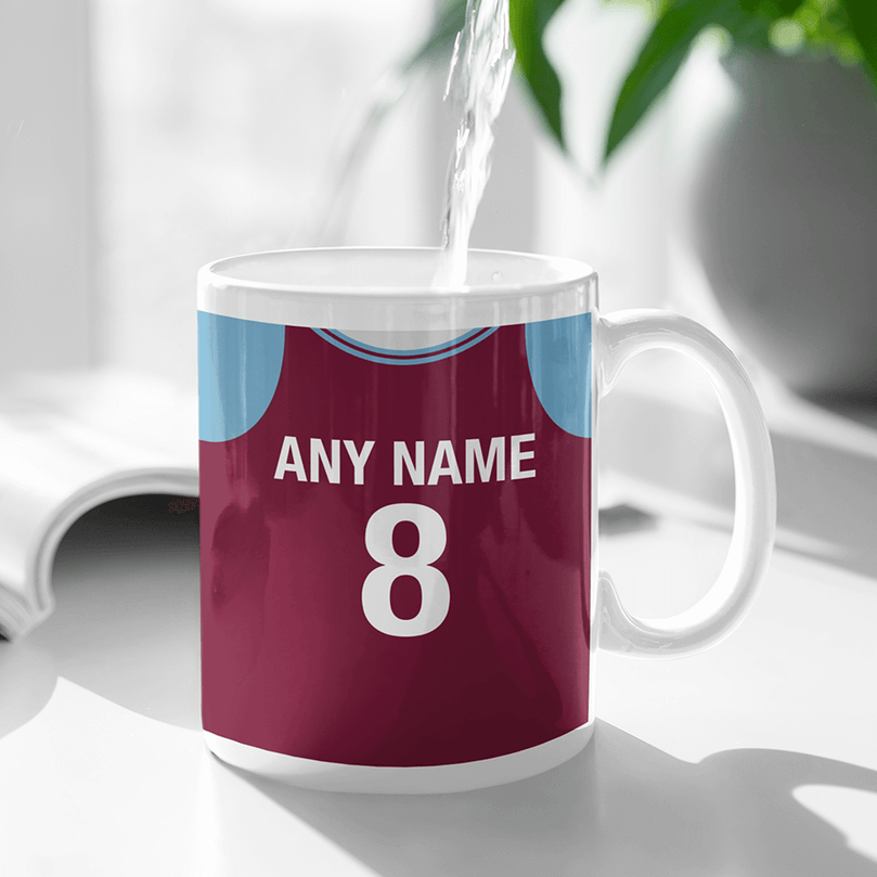 West Ham Retro Style Home Kit Shirt Inspired Colours for Personalised Football Mug with optional Coaster.