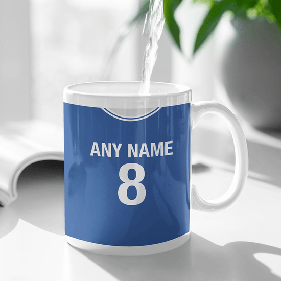 Cardiff City Retro Style Home Kit Shirt Inspired Colours for Personalised Football Mug with optional Coaster.