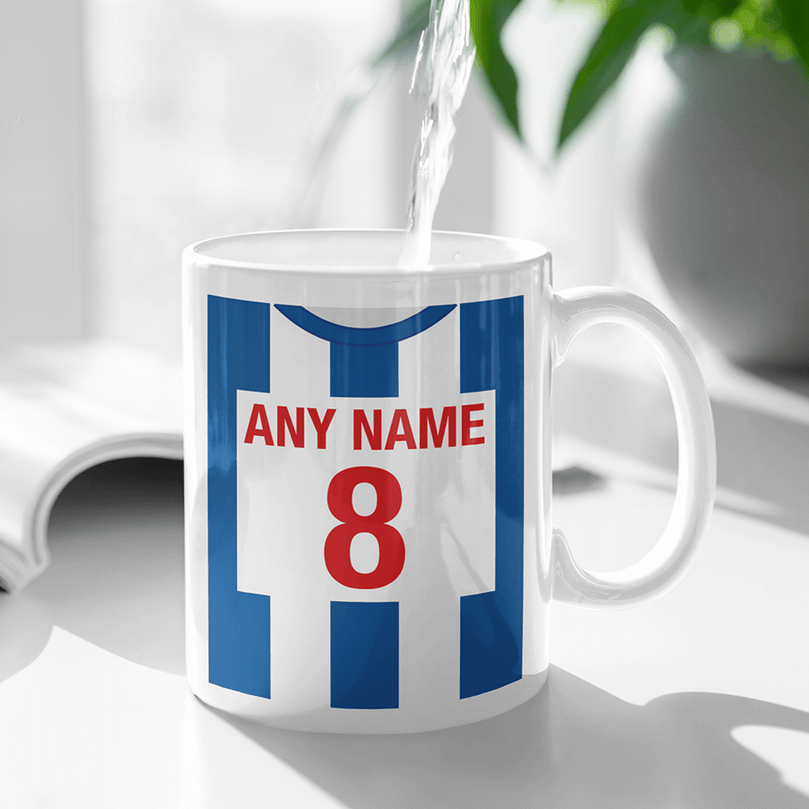 Brighton & Hove Albion Retro Style Home Kit Shirt Inspired Colours for Personalised Football Mug with optional Coaster.