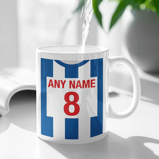 Brighton & Hove Albion Retro Style Home Kit Shirt Inspired Colours for Personalised Football Coaster with optional Mug.