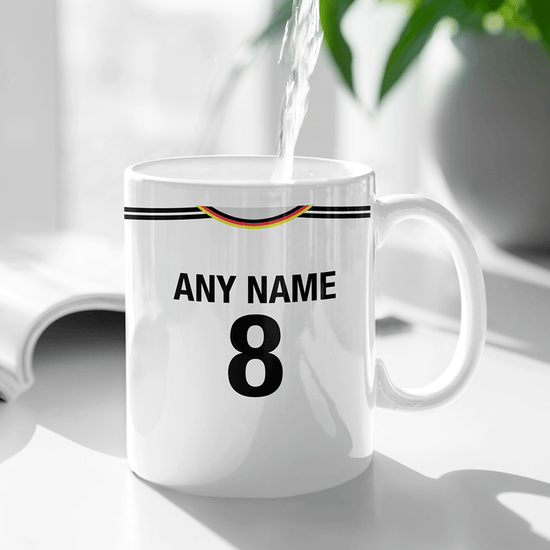 Germany Retro Style Home Kit Shirt Inspired Colours for Personalised Football Mug with optional Coaster. Perfect item for the Die Nationalelf fan.