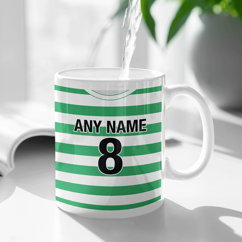 Celtic Retro Style Home Kit Shirt Inspired Colours for Personalised Football Mug with optional Coaster.