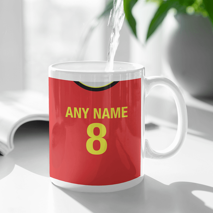 Belgium Retro Style Home Kit Shirt Inspired Colours for Personalised Football Mug with optional Coaster. Perfect item for the les Diables Rouges fan.