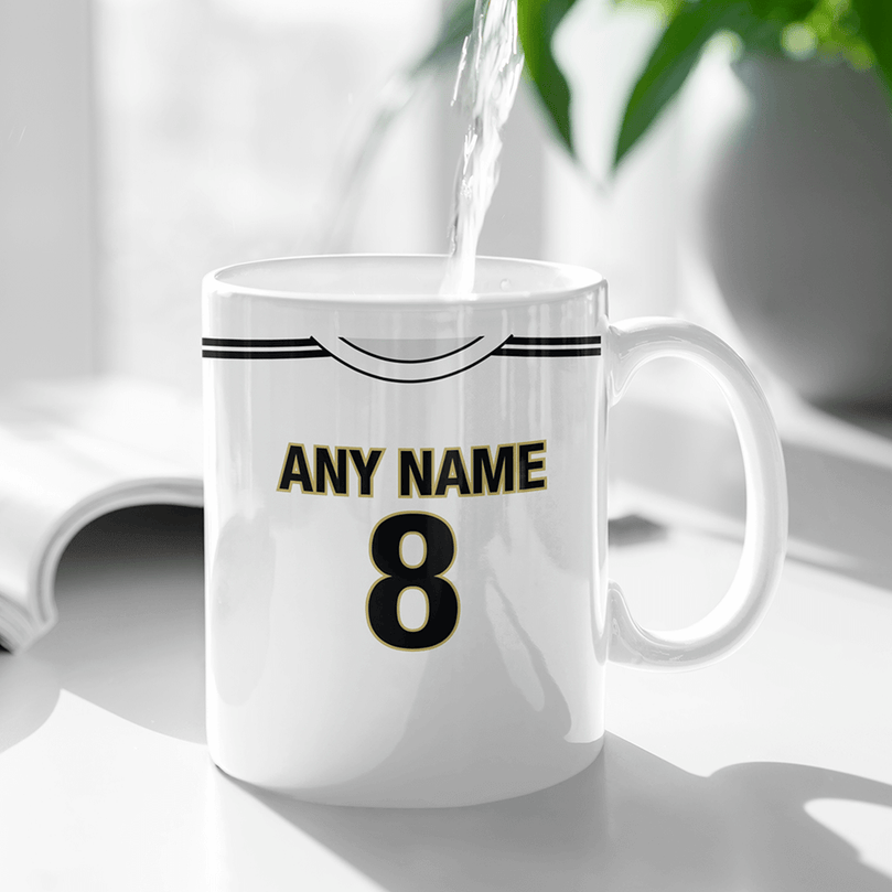 Real Madrid Retro Style Home Kit Shirt Inspired Colours for Personalised Football Mug with optional Coaster.