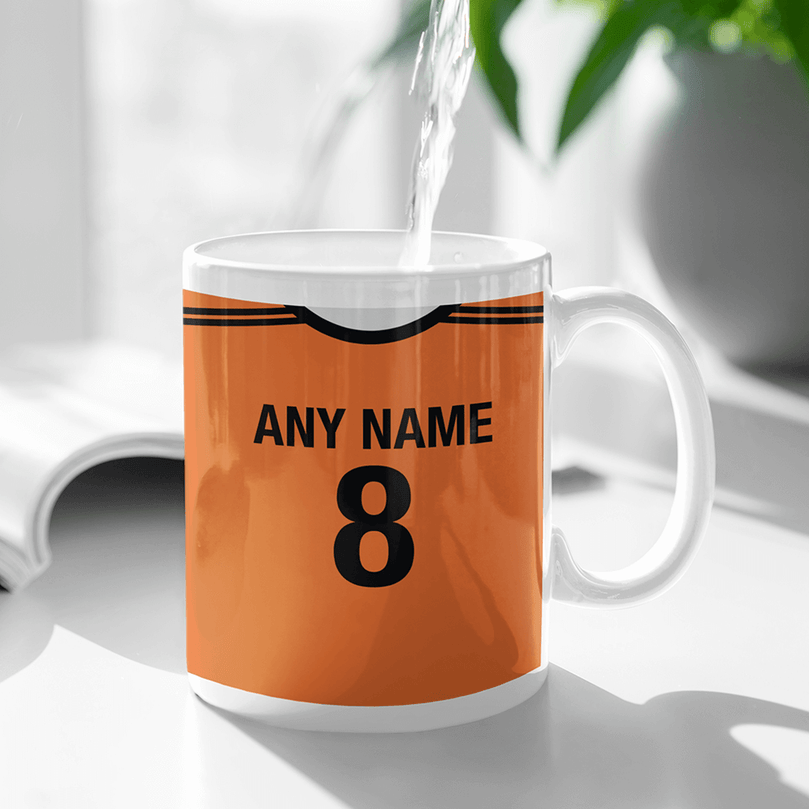 Netherlands / Holland Retro Style Home Kit Shirt Inspired Colours for Personalised Football Mug with optional Coaster.