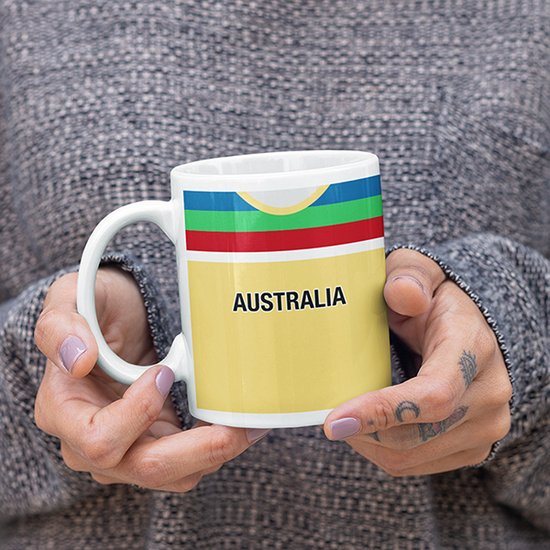 Australia Retro Style Home Kit Shirt Inspired Colours for Personalised Football Mug with optional Coaster. Perfect item for the Aussie fan.