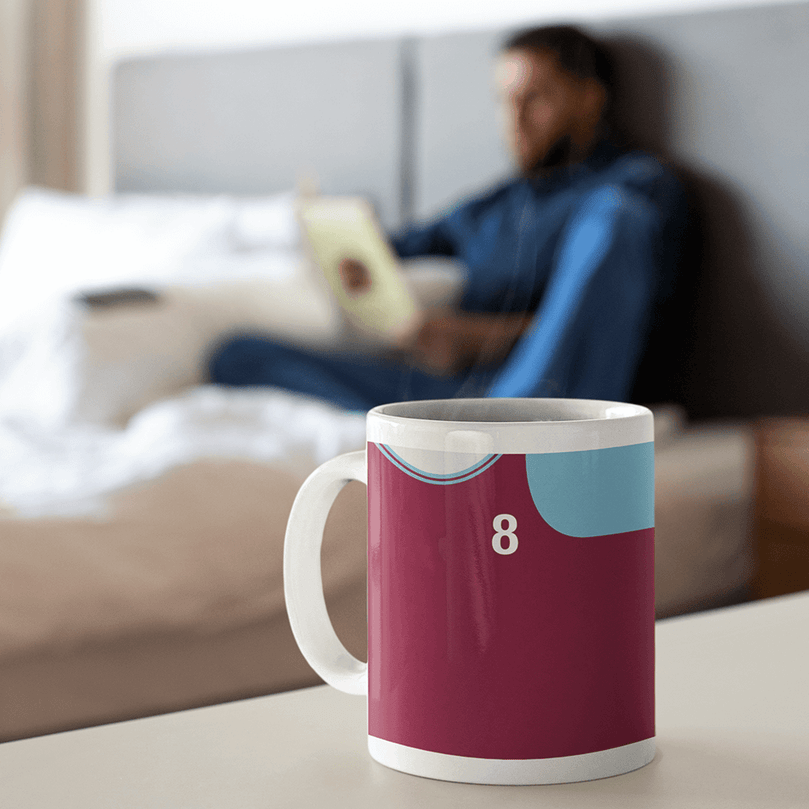 West Ham Retro Style Home Kit Shirt Inspired Colours for Personalised Football Mug with optional Coaster.