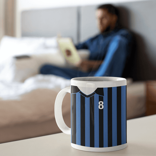 Inter Milan Retro Style Home Kit Shirt Inspired Colours for Personalised Football Mug with optional Coaster.