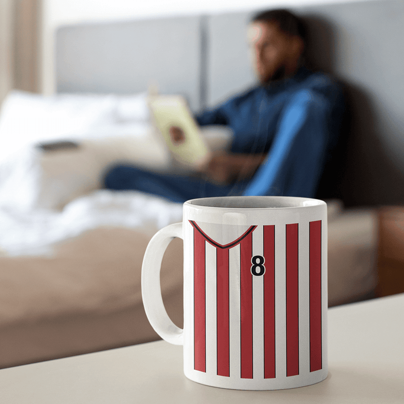 Southampton Retro Style Home Kit Shirt Inspired Colours for Personalised Football Mug with optional Coaster.