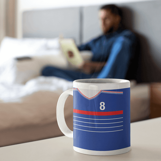 France Retro Style Home Kit Shirt Inspired Colours for Personalised Football Mug with optional Coaster.