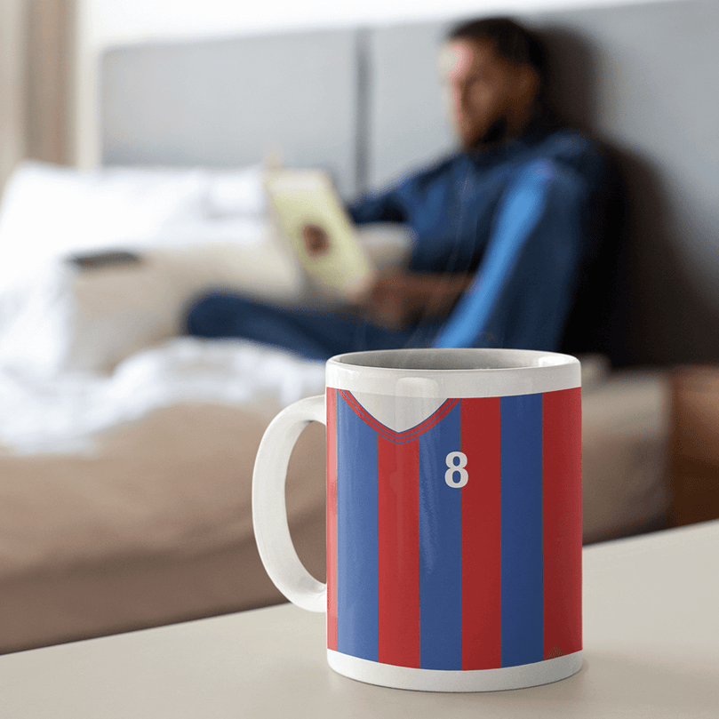 Crystal Palace Retro Style Home Kit Shirt Inspired Colours for Personalised Football Mug with optional Coaster.