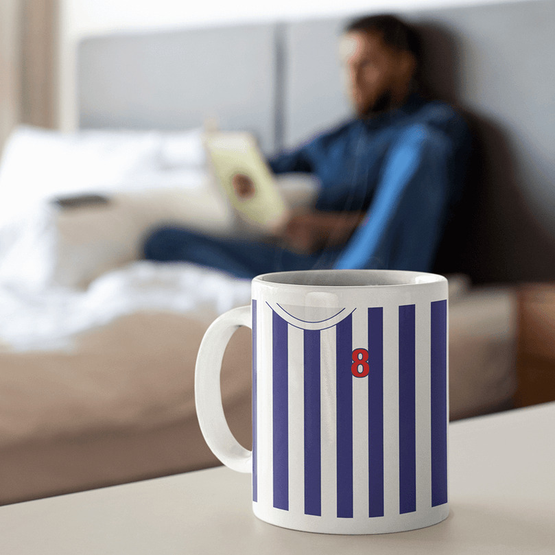 West Bromwich Albion Retro Style Home Kit Shirt Inspired Colours for Personalised Football Mug with optional Coaster.