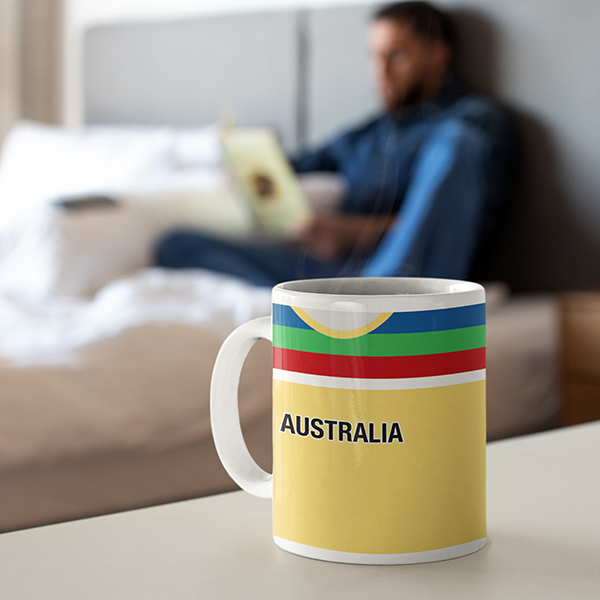 Australia Retro Style Home Kit Shirt Inspired Colours for Personalised Football Mug with optional Coaster. Perfect item for the Aussie fan.