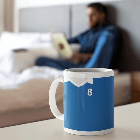 Everton Retro Style Home Kit Shirt Inspired Colours for Personalised Football Mug with optional Coaster.