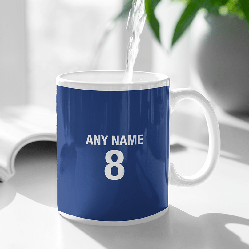 Chelsea 2020/2021 Champions of Europe Inspired Colours for Personalised Football Mug with optional Coaster. Perfect item for The Blues fan.