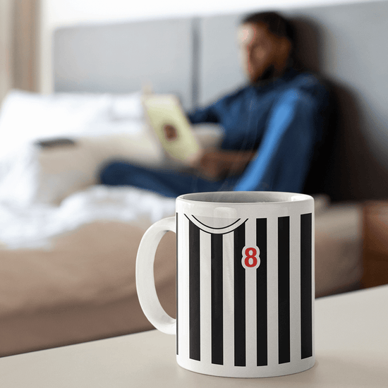 Newcastle Retro Style Home Kit Shirt Inspired Colours for Personalised Football Mug with optional Coaster.