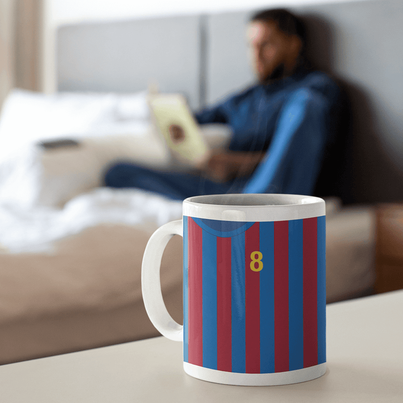 Barcelona Retro Style Home Kit Shirt Inspired Colours for Personalised Football Mug with optional Coaster.