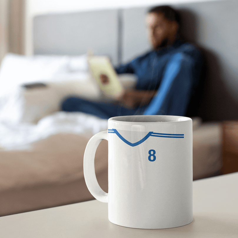 Finland Retro Style Home Kit Shirt Inspired Colours for Personalised Football Mug with optional Coaster. Perfect item for the Sinivalkoiset fan.