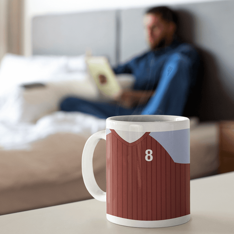 Aston Villa Retro Style Home Kit Shirt Inspired Colours for Personalised Football Mug with optional Coaster.