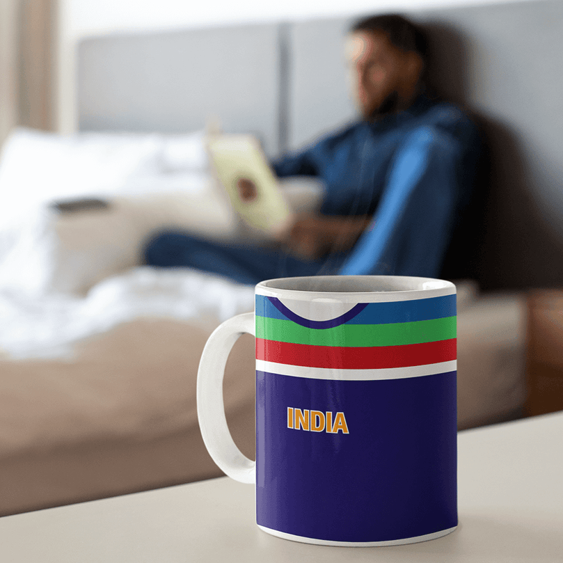 India Retro Style Home Kit Shirt Inspired Colours for Personalised Football Mug with optional Coaster. Perfect item for the Men In Blue fan.