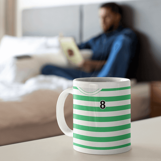 Celtic Retro Style Home Kit Shirt Inspired Colours for Personalised Football Mug with optional Coaster.