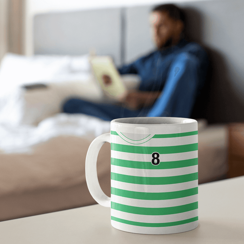 Celtic Retro Style Home Kit Shirt Inspired Colours for Personalised Football Mug with optional Coaster.