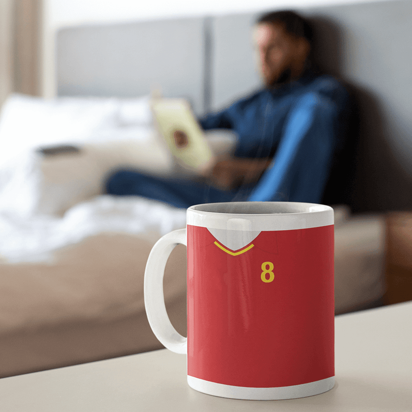 Spain Retro Style Home Kit Shirt Inspired Colours for Personalised Football Mug with optional Coaster. Perfect item for the La Roja fan.