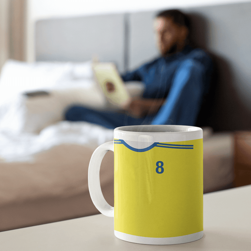 Sweden Retro Style Home Kit Shirt Inspired Colours for Personalised Football Mug with optional Coaster. Perfect item for the Blågult fan.