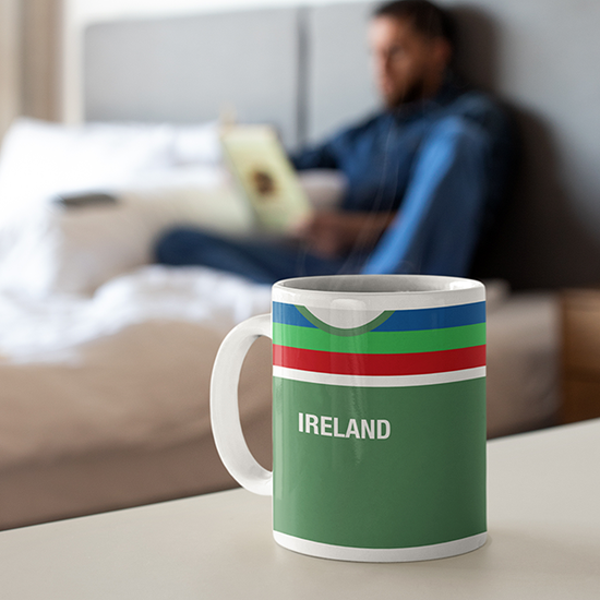 Ireland Retro Style Home Kit Shirt Inspired Colours for Personalised Football Mug with optional Coaster. Perfect item for the Men In Green fan.