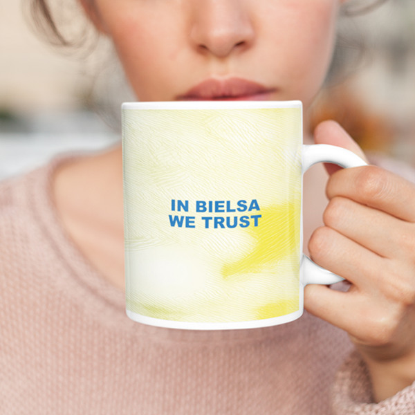 Leeds 2019/2020 Champions 'In Bielsa We Trust' Inspired Football Mug With Optional Coaster Set. Perfect item for The Peacocks fan.